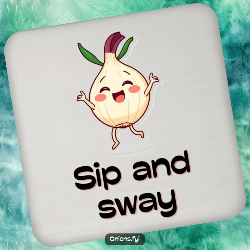Funny drink coaster showing a Kawaii onion character joyfully performing a dance, perfect for humor and surface protection.