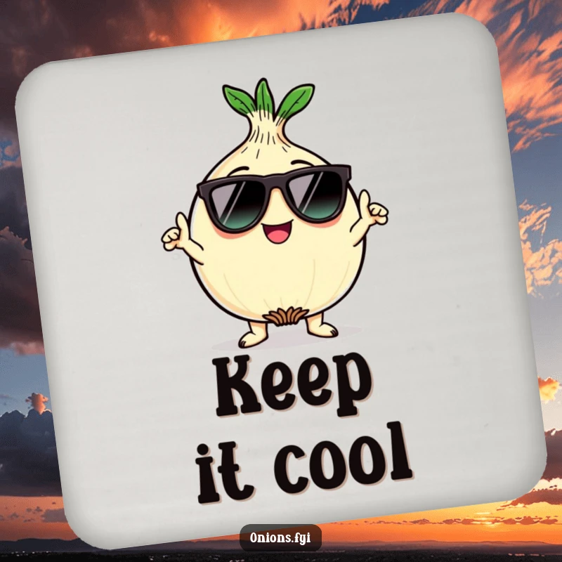 Funny kawaii onion character wearing sunglasses and striking a cool pose on a drink coaster for humorous table protection.