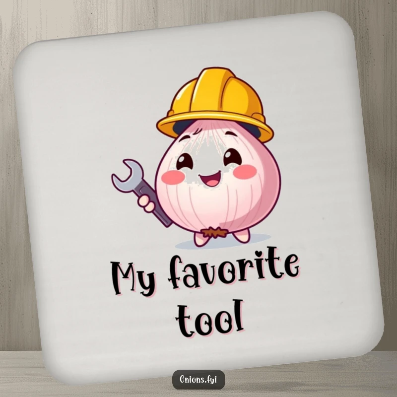 Funny onion character in a construction helmet, a set of humorous drink coasters for table protection.
