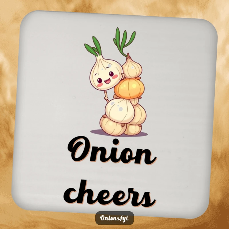Funny drink coasters with an onion character climbing a wobbly onion stack, offering surface protection and a dose of humorous grit. Great gift.
