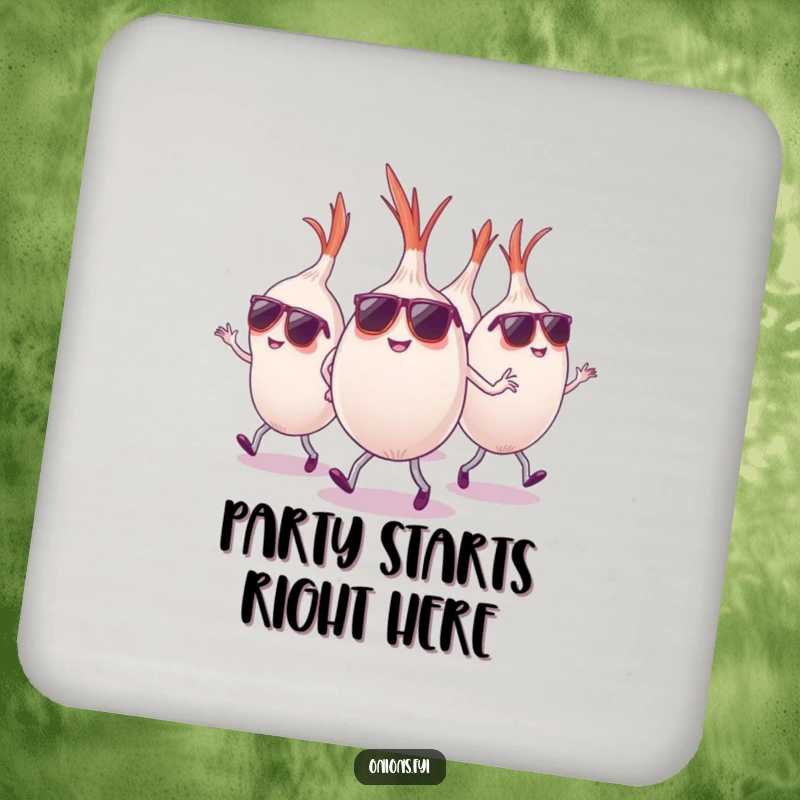 Funny onions wearing sunglasses dancing energetically, drink coaster, cool party accessory, funny gift.