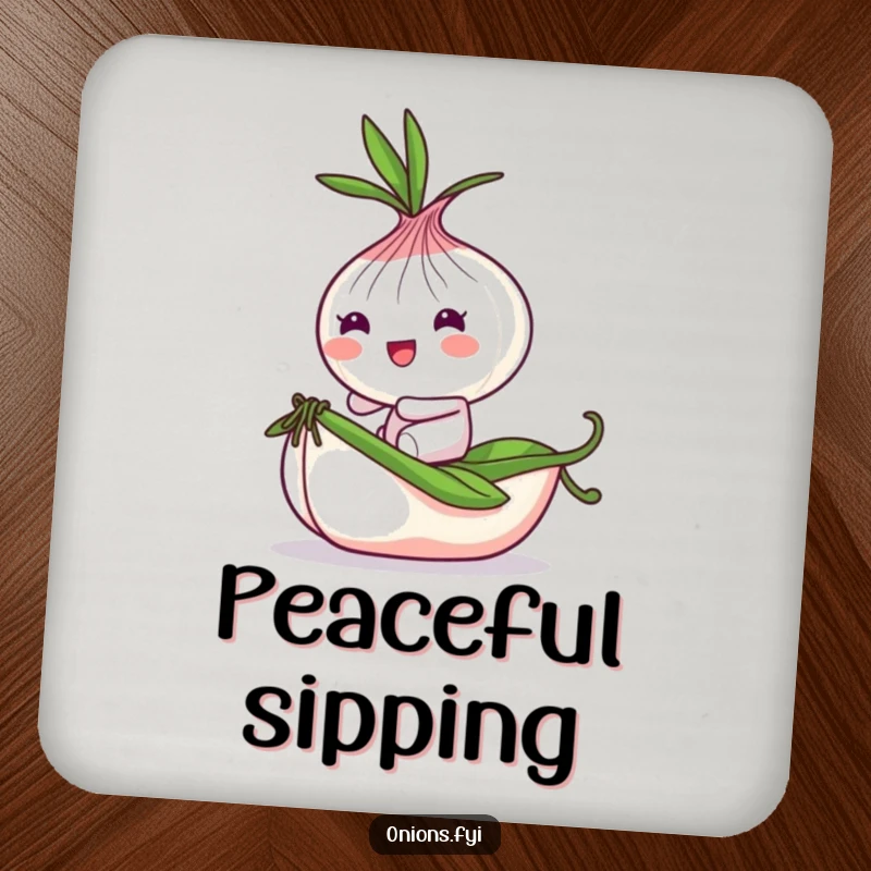 Funny Onion Coasters: Playful onion character bounces on a tiny rolling pea, adding whimsical humor.