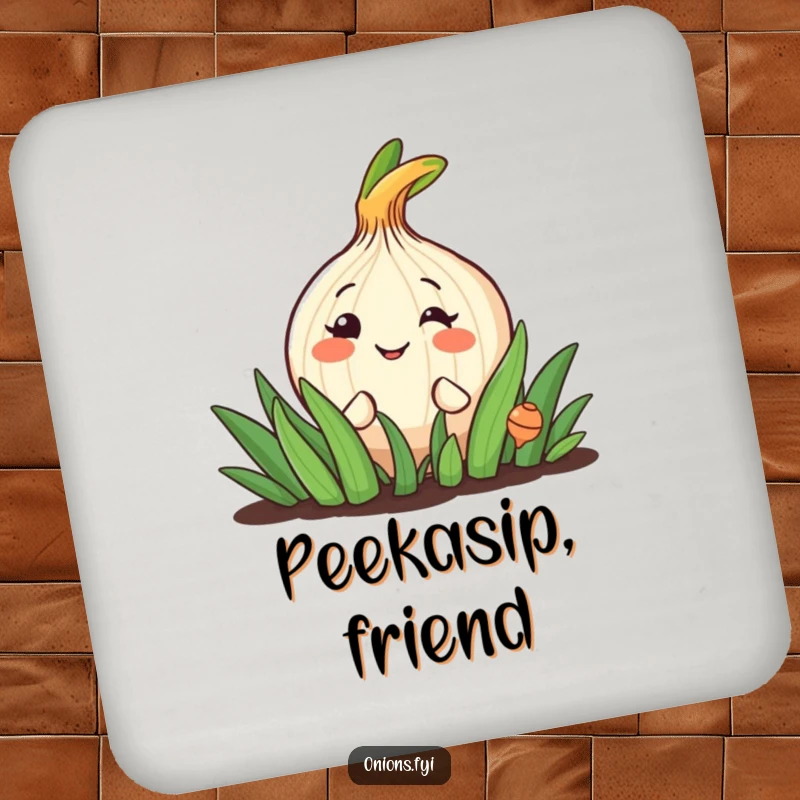 Funny coaster with a cheerful onion character peeking from a garden patch, offering a friendly grin.