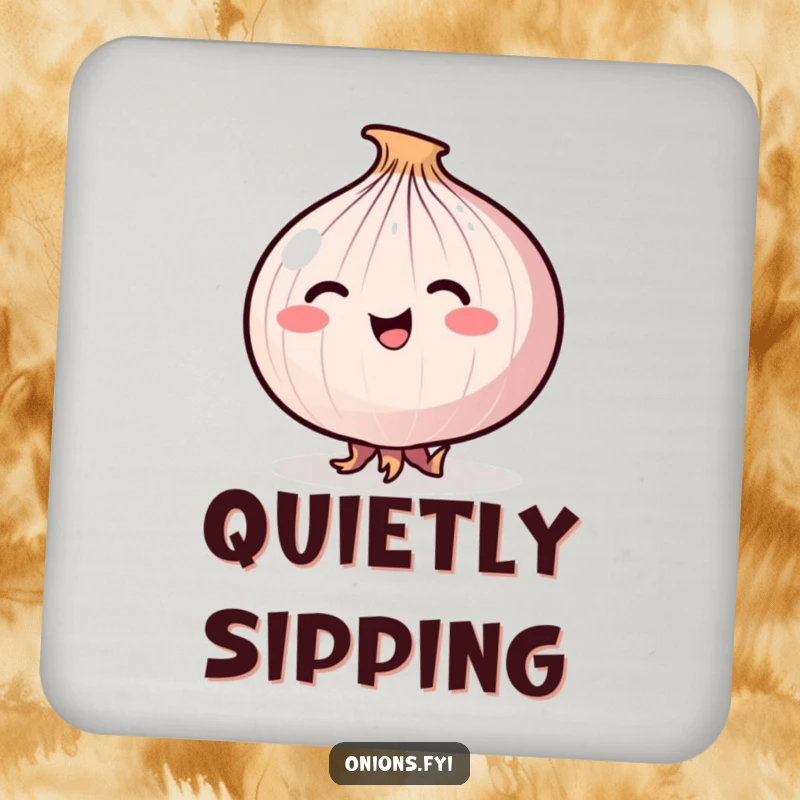 Funny Stealthy Onion Drink Coaster with a happy onion tiptoeing stealthily on its roots, for surface protection.