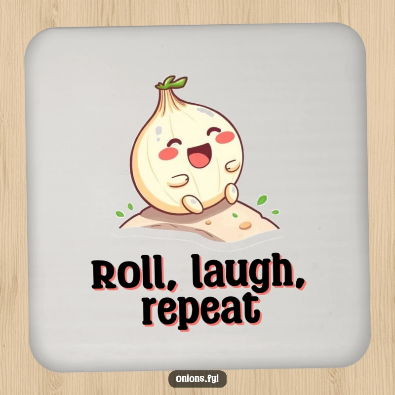 Funny Kawaii onion character laughing while rolling down a small hill, set of coasters with playful and humorous theme, protects furniture.