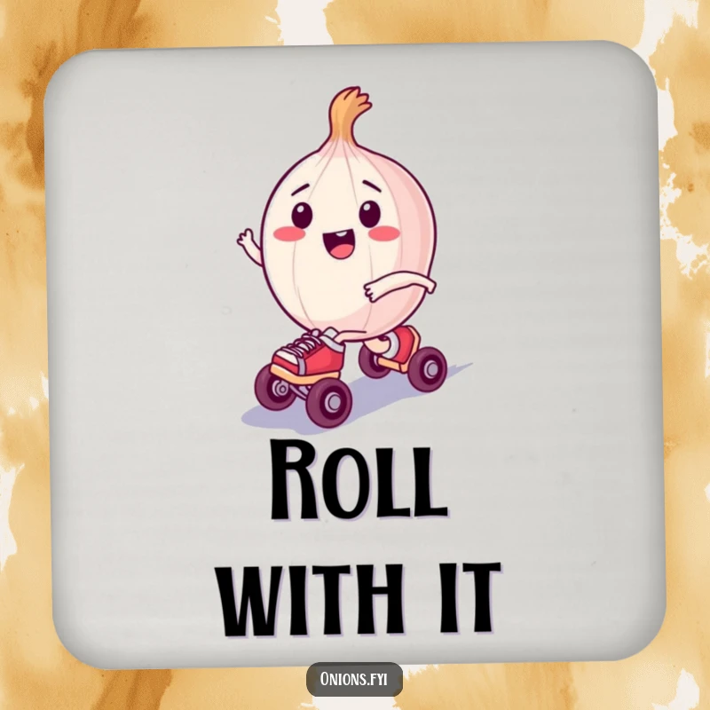 Funny drink coaster depicting a happy onion character on tiny roller skates, zooming along with a joyful expression.