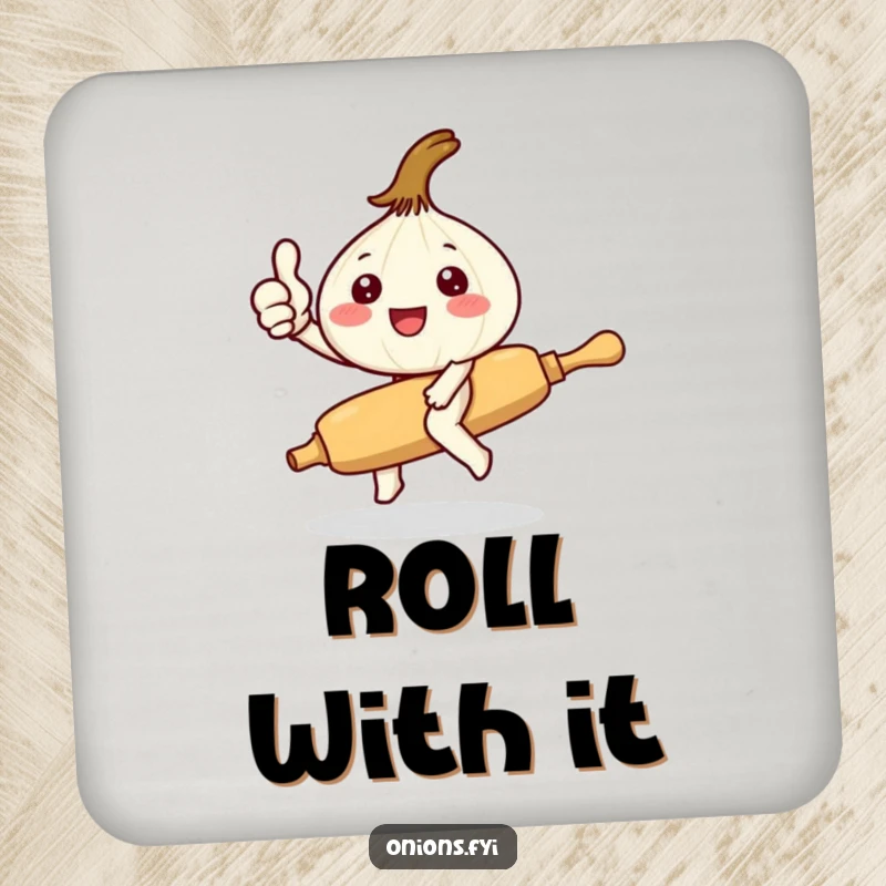Funny Kawaii onion character riding a rolling pin giving thumbs up, set of coasters with cute, humorous kitchen theme, protects furniture.