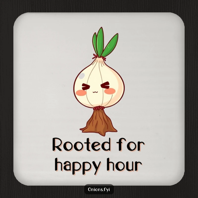 Funny drink coaster featuring a determined onion character balancing on one root, protecting tables with a symbol of effort.