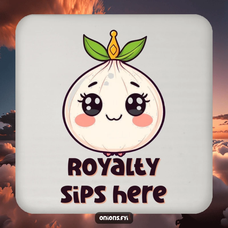 Funny drink coaster featuring a smiling, crowned onion, adding regal veggie humor to your table setting.