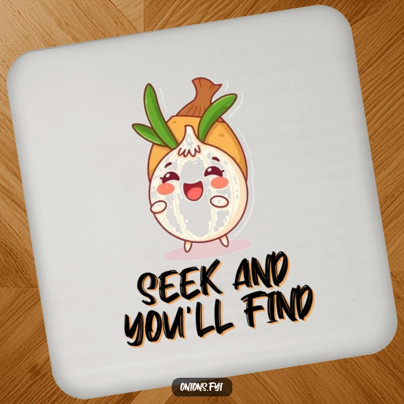 Funny onion character hiding behind a potato on a drink coaster, offering surface protection with a charming, humorous illustration.