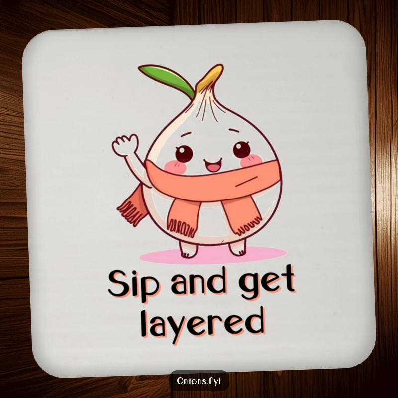 Funny drink coaster with a joyful onion character wearing a scarf and waving.