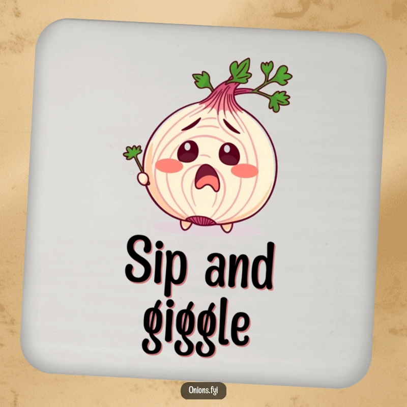 Funny drink coaster showing an onion character in exaggerated surprise, being tickled by parsley, perfect for humor and surface protection.