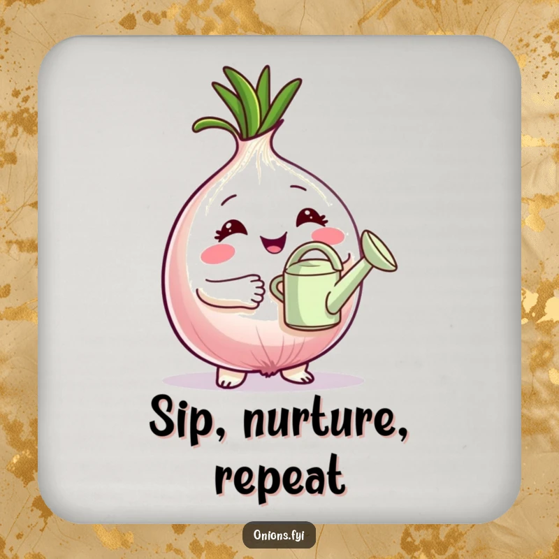 Funny Drink Coasters: Proud onion character holding a tiny watering can, bringing gentle gardening humor to any surface. Great funny gift.