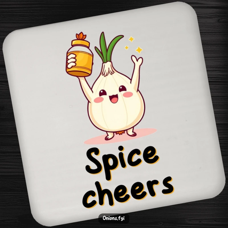 Funny drink coasters with a triumphant onion character holding a golden spice jar, offering surface protection and a dose of culinary humor. Great gift.