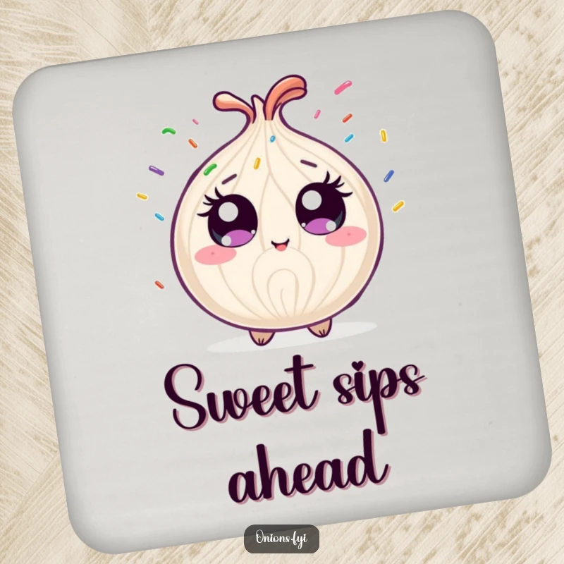 Funny onion character showered by rainbow sprinkles, a set of humorous drink coasters for table protection.