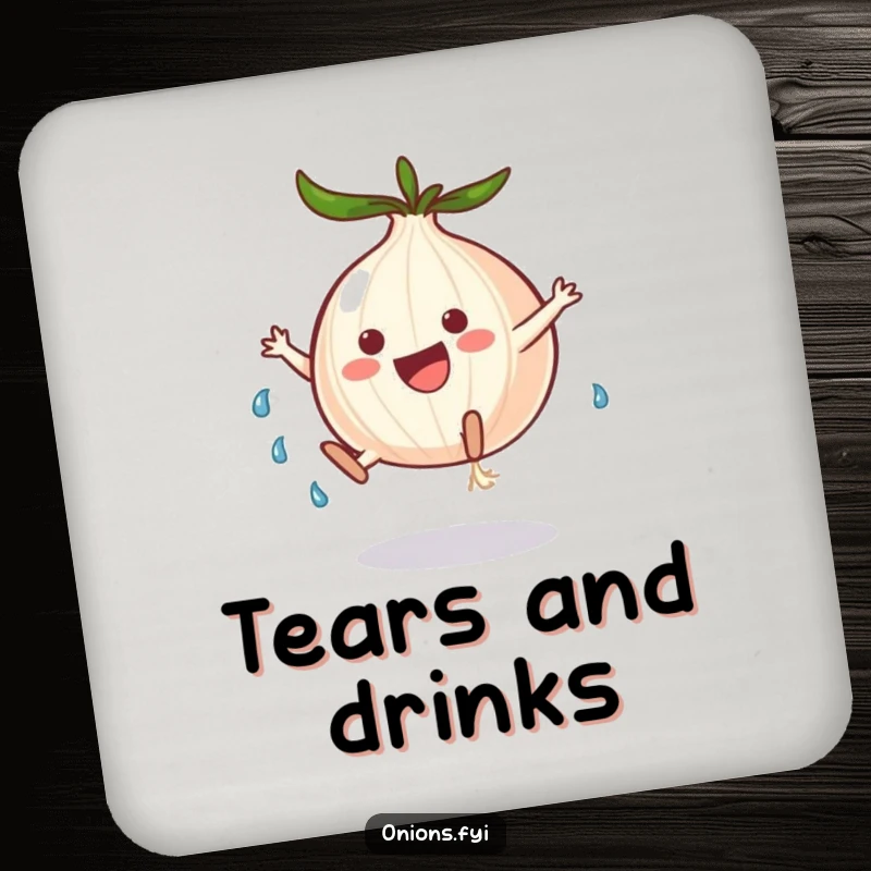 Funny onion character doing a cartwheel with tears, a set of humorous drink coasters for table protection.
