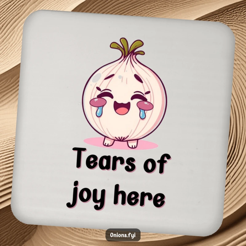 Funny rainbow tears onion coaster, an onion character smiling and crying vibrant rainbow tears, adds color and humor.