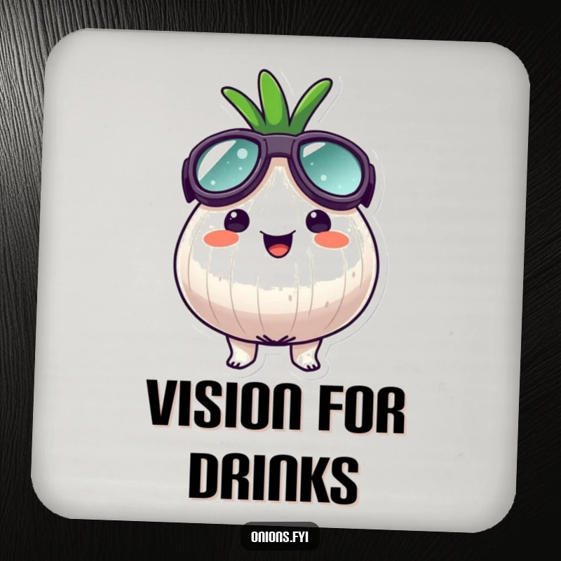 Funny goggle onion coaster, an onion character wearing oversized goggles, looking surprisingly happy, adds humor and protects surfaces.