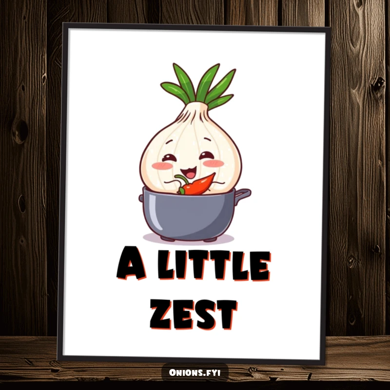 Funny onion character with a sly grin, adding spice to a pot, displayed as wall art.