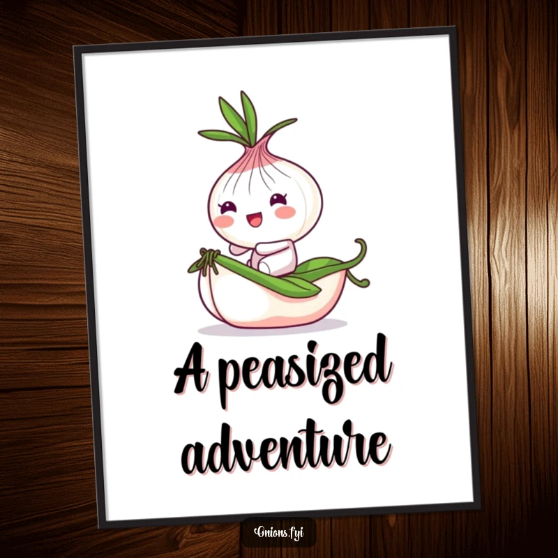 Funny Onion Poster: Playful onion character bounces on a tiny rolling pea, whimsical and humorous wall art.