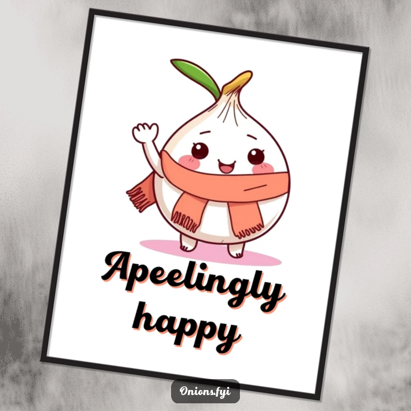 Funny poster print of a joyful onion character wearing a small scarf and waving enthusiastically.