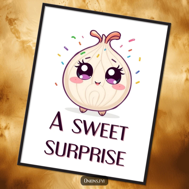 Funny onion character with wide eyes, showered with rainbow sprinkles, humorous wall art for home or office.
