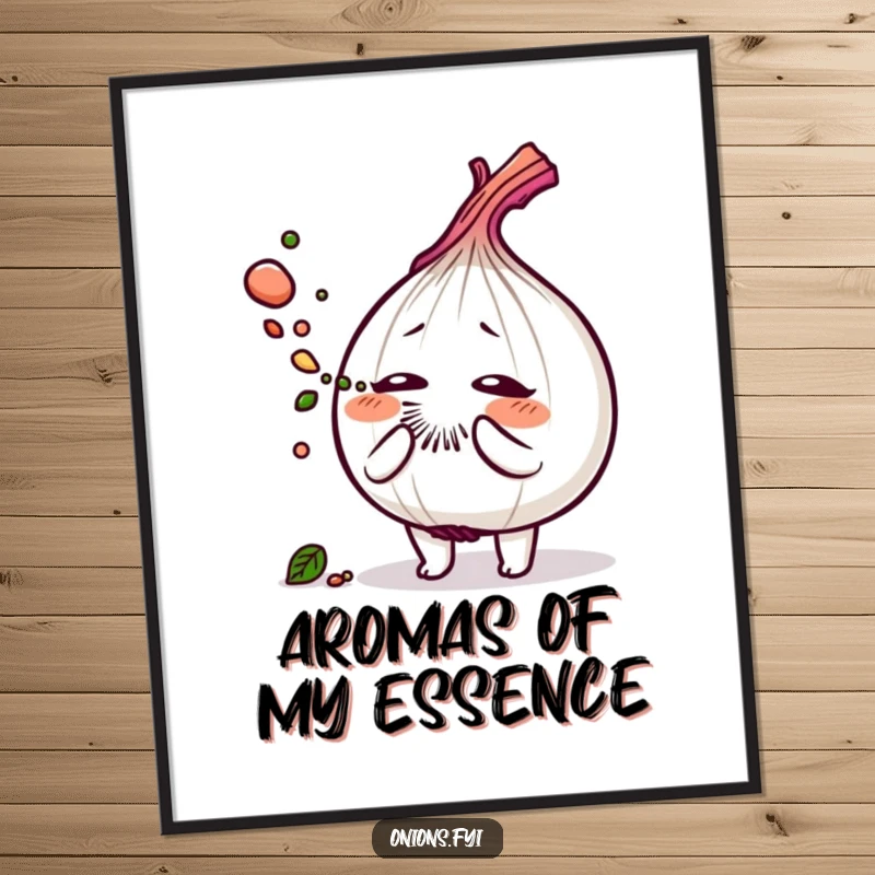 Funny poster showcasing an onion character in a dramatic sneeze, releasing a whimsical cloud of savory herb dust.