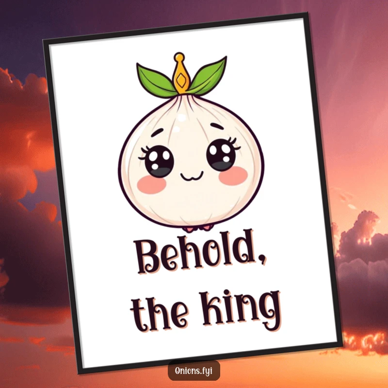 Funny poster featuring a smiling onion wearing a tiny crown, exuding regal charm and humorous vegetable art.