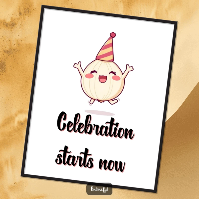 Funny onion character in party hat, leaping joyfully, party poster, cheerful wall art, funny gift.