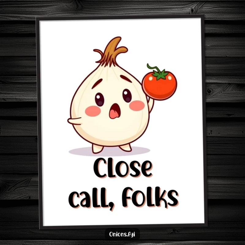 Funny onion character's surprised expression as a tomato plummets, framed as wall art, suitable for funny gifts.
