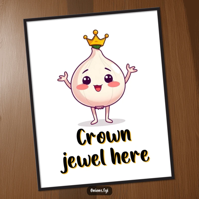 Funny poster art of a proud onion character wearing a tiny crown and striking a regal, confident pose.