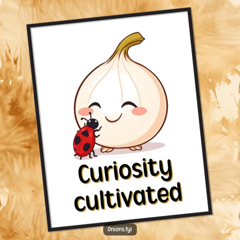 Funny Curious Onion Poster showing a smiling onion with antennae examining a ladybug, a charming artwork.