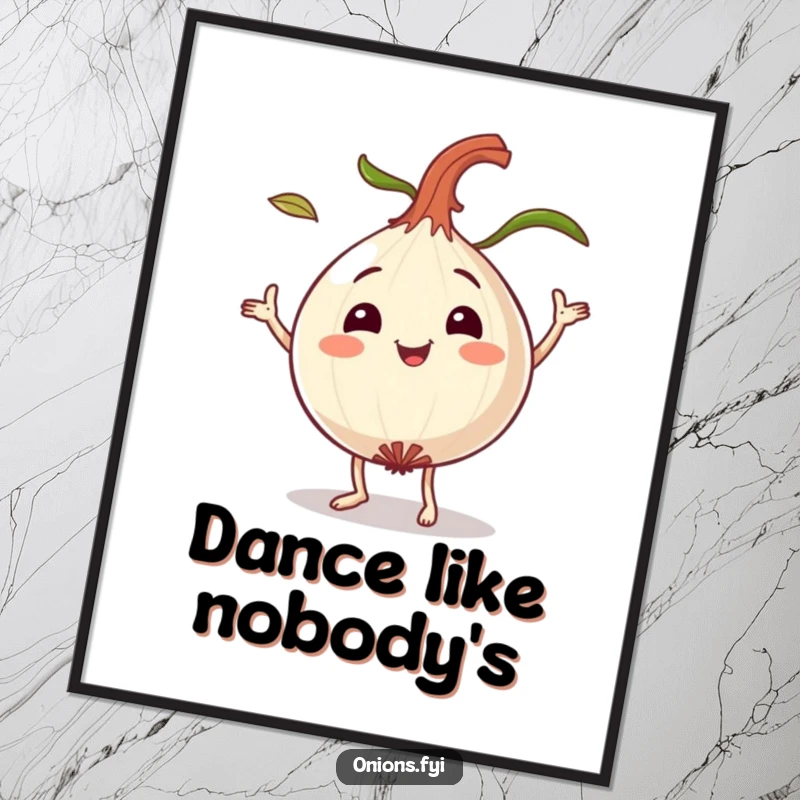Funny dancing onion poster, a smiling onion character playfully dancing with leaves flying, vibrant and joyful decor.
