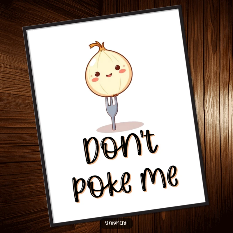 Funny balancing onion poster, a round onion character comically balanced on a tiny fork, whimsical kitchen decor.