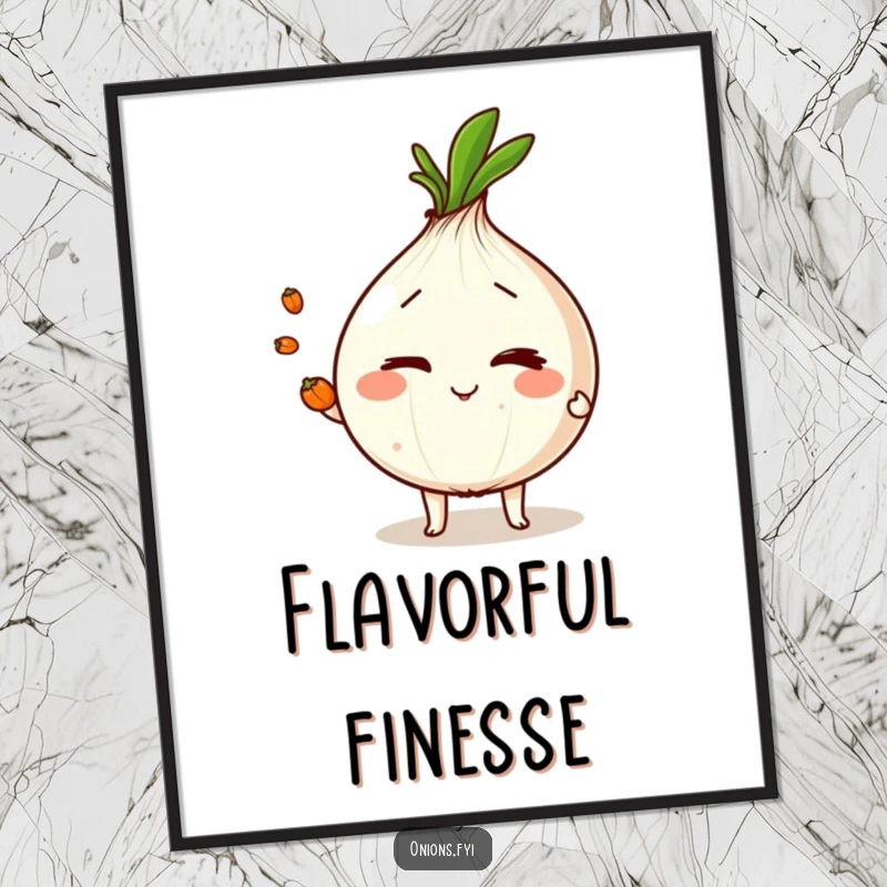 Funny onion character winking, juggling peppercorns, humorous wall art for home or office, a delightful print.