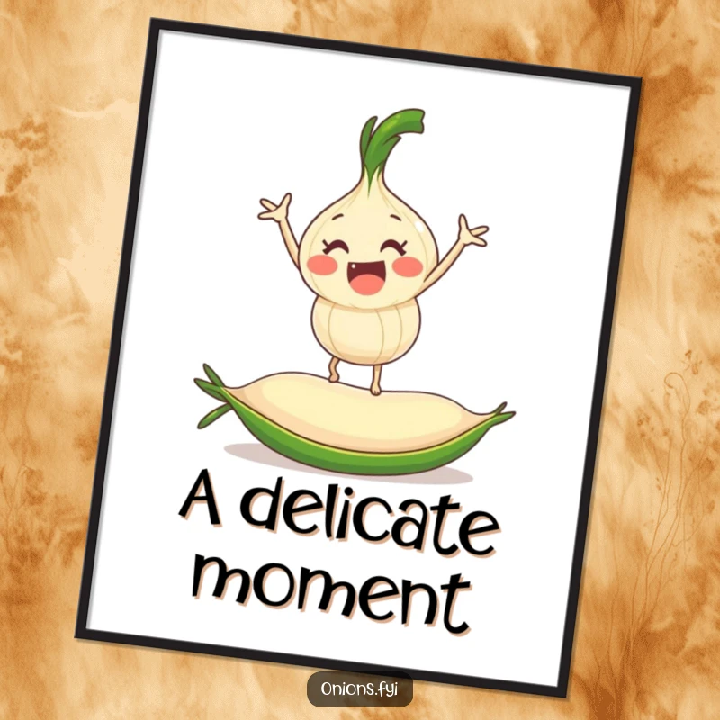 Funny onion character balancing on a rolling pea, humorous wall art for home or office, a delightful print.