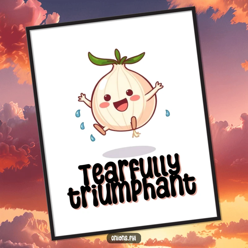 Funny onion character doing a cartwheel with tears, humorous wall art for home or office, a relatable print.