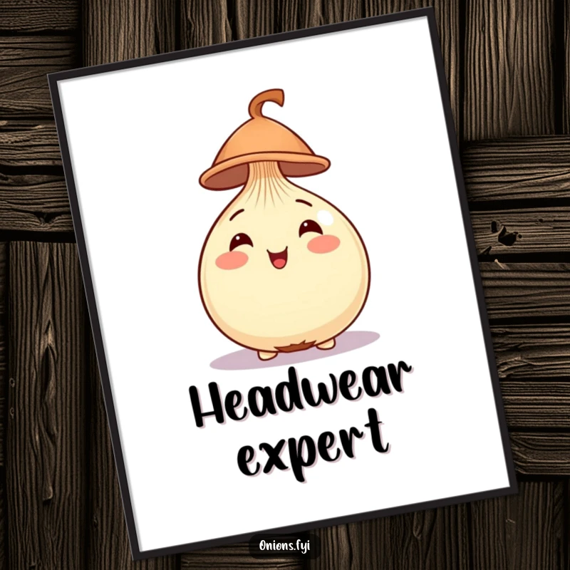 Funny Onion Poster showing a cheerful onion with a tiny hat on its round head, adding artistic flair.