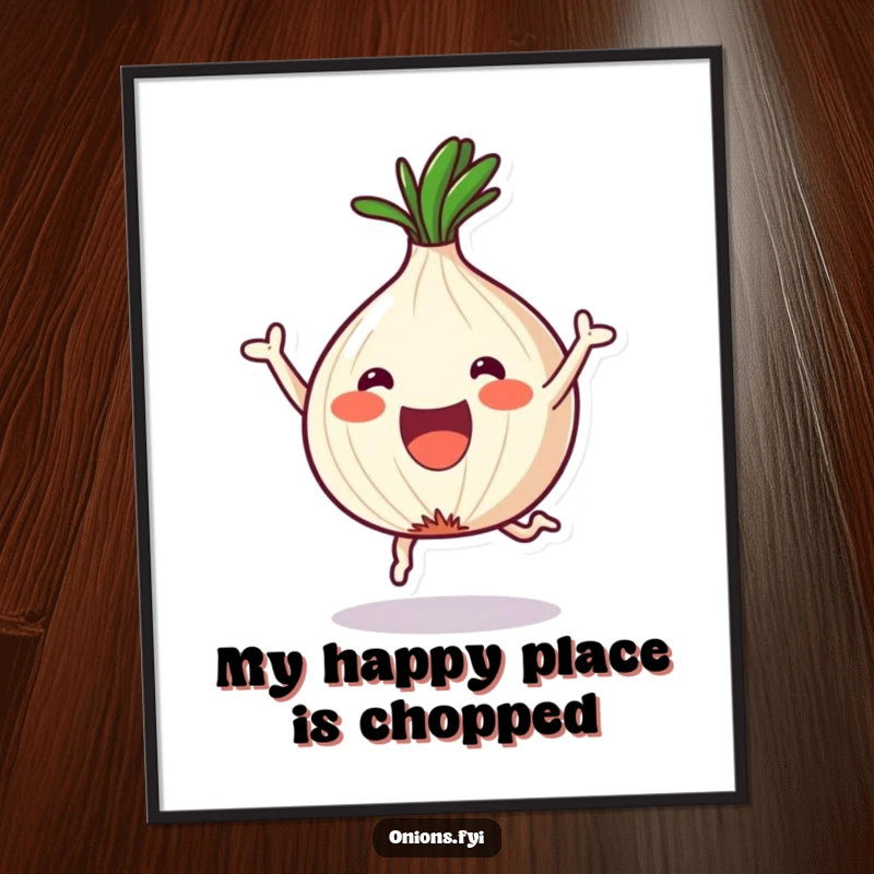 Funny Chopped Onion Poster: A kawaii onion leaps with delight, showcasing fun shapes after a culinary chop.
