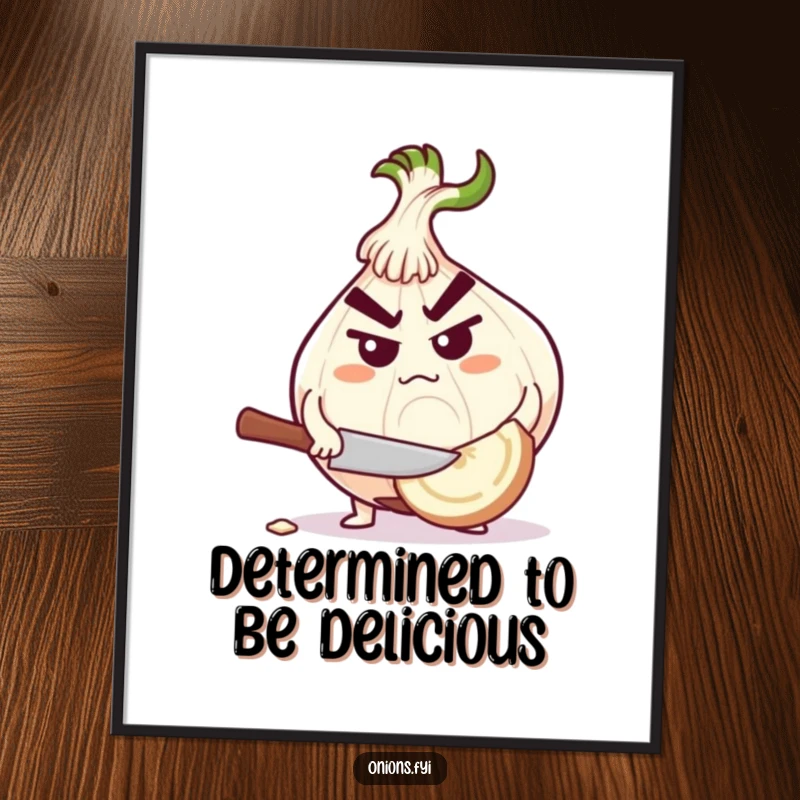 Funny determined onion character in the act of chopping a giant garlic clove, motivational art.