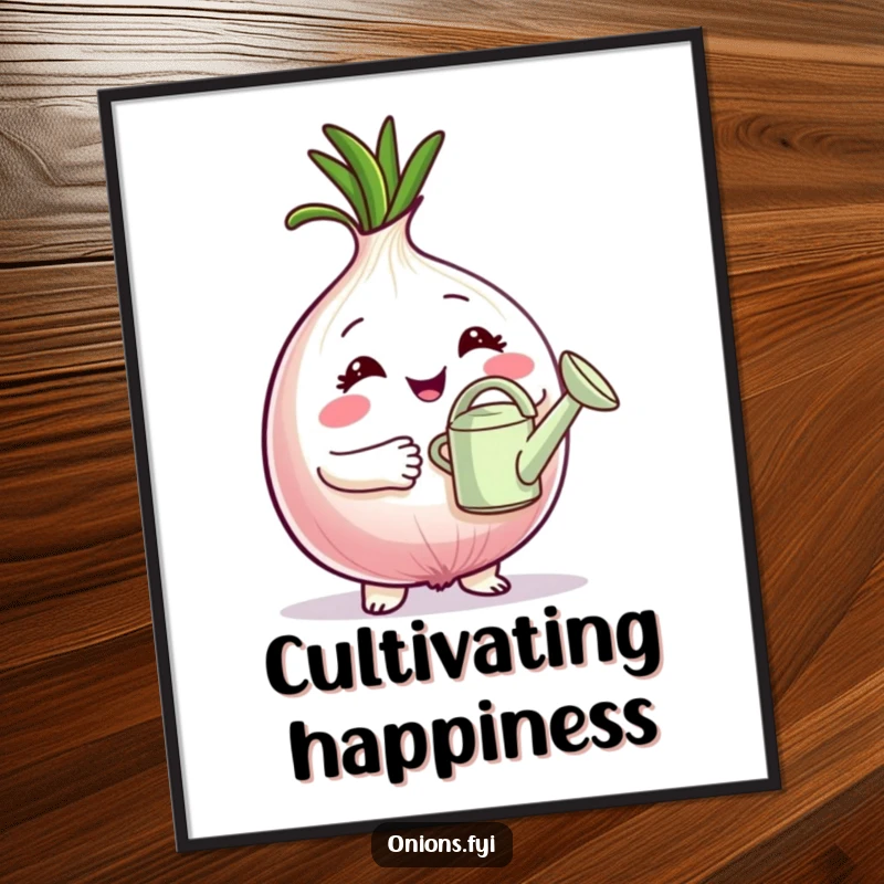 Funny Poster: Proud onion character holding a tiny watering can, showcasing gentle accomplishment and love for plants. Great funny gift.