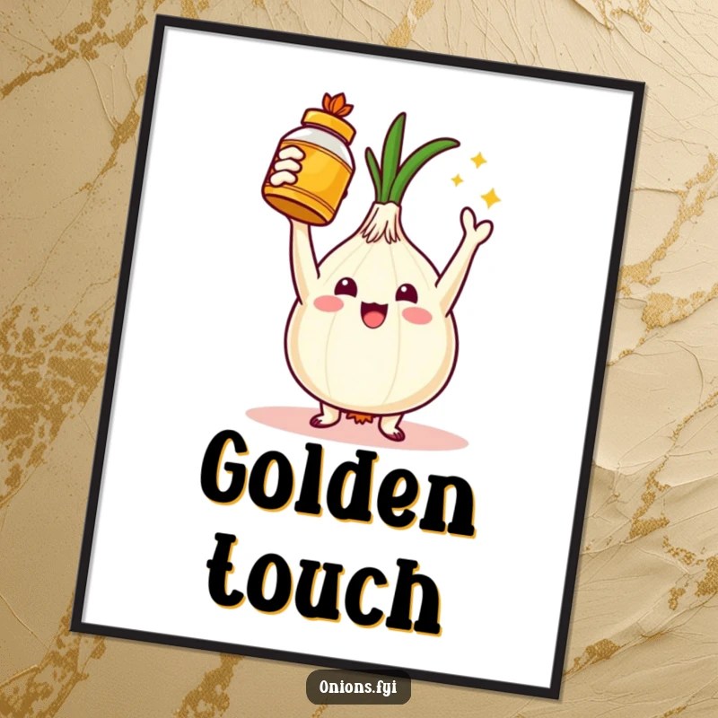 Funny poster art of a triumphant onion character holding a golden spice jar, representing culinary success and delicious outcomes.