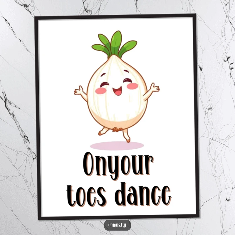 Funny poster of a cheerful onion character doing a silly jig, exuding happiness and vegetable-themed zest.
