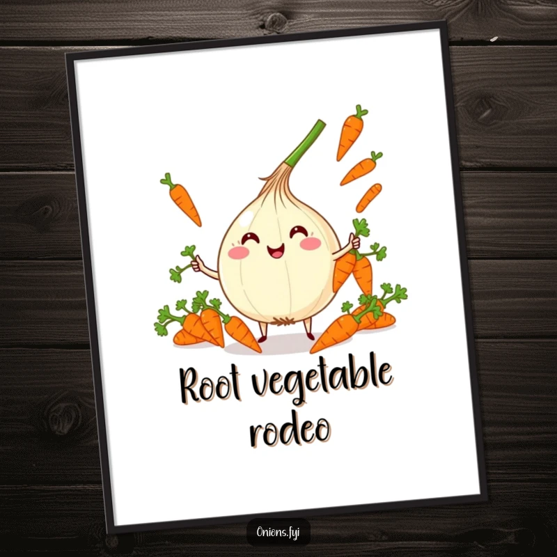 Funny Kawaii Onion Juggling Poster: Cute onion character joyfully juggling carrots, great funny gift.