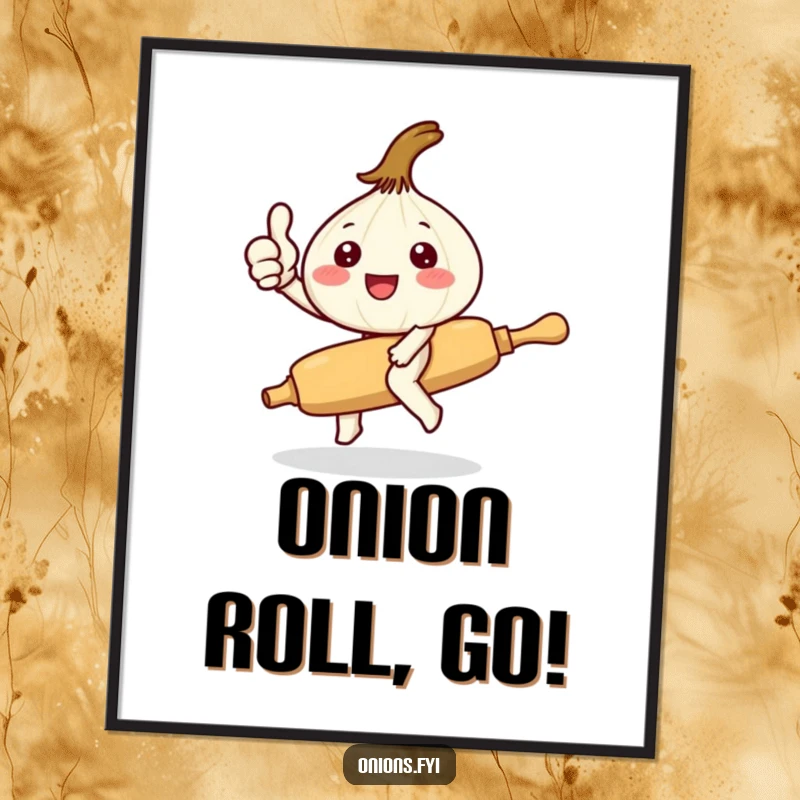 Funny Kawaii onion character thumbs up riding a rolling pin, vibrant poster art with cute, humorous kitchen theme, delightful wall decor.
