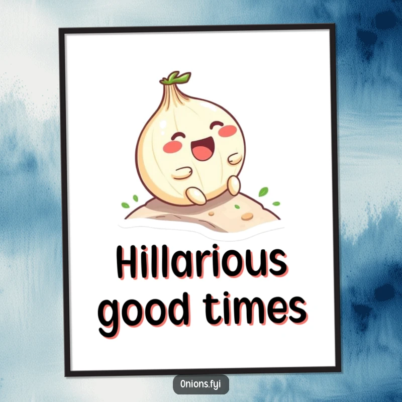 Funny Kawaii onion character laughing heartily as it rolls down a miniature hill, vibrant poster art with joyful and humorous theme, wall decor.