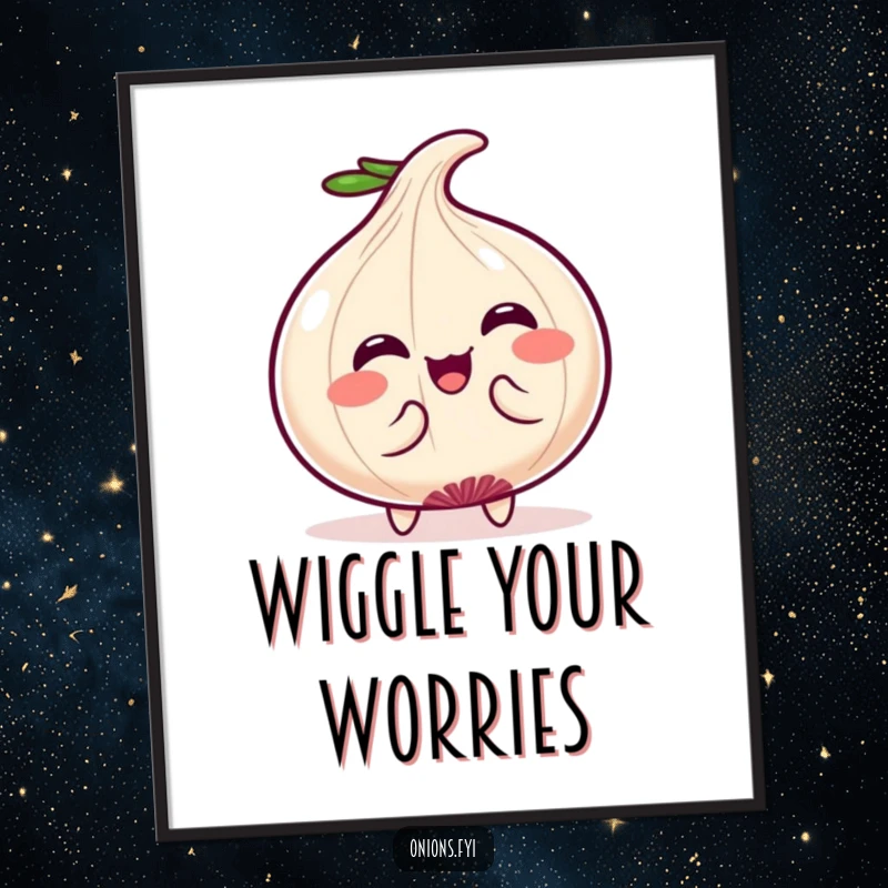 Funny Poster: Cute Kawaii onion character performing a funny body wiggle, showcasing charm and playful energy. Great funny gift.
