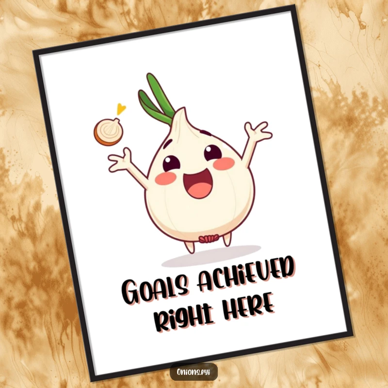 Funny onion character excited, arms outstretched catching onion slice, poster art, enthusiastic wall decor, funny gift.