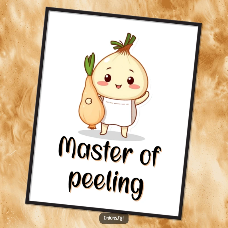 Funny poster of an onion chef in an apron proudly presenting a peeled root vegetable, humorous kitchen wall art.