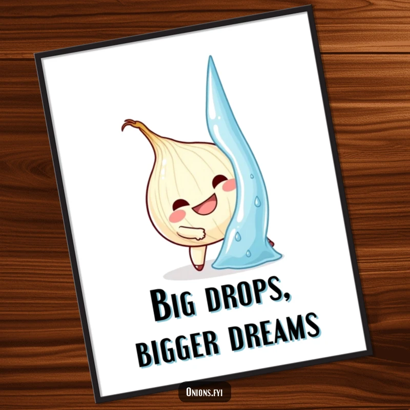 Funny Onion Poster: Determined onion character bravely climbs a colossal water droplet, motivational and humorous art.